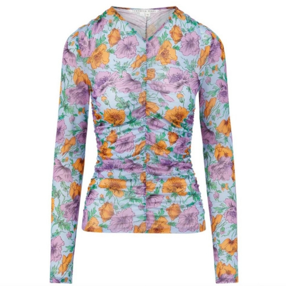 NWT Veronica Beard Myrna Ruched Floral-print Tulle Top